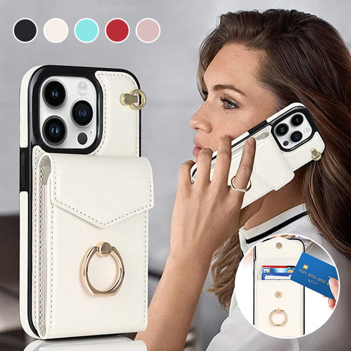 Lisslune | Leather Wallet Case with Ring & Lanyard for iPhone