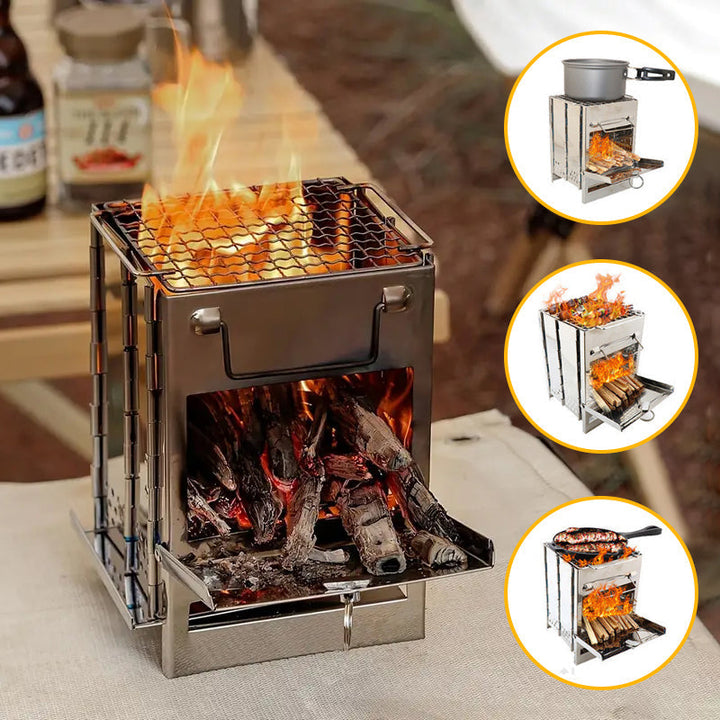 Lisslune | Outdoor Folding Wood Stove Mini Stainless Steel Grill Camping Picnic