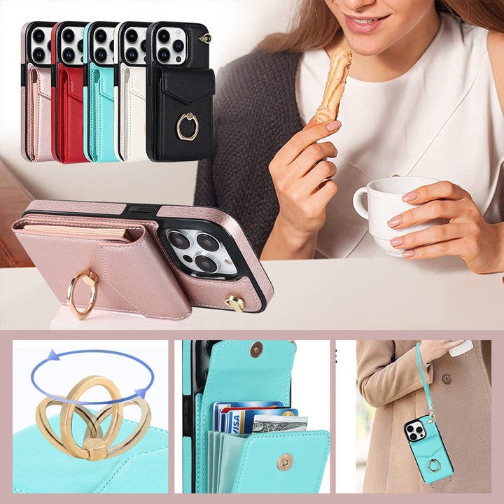 Lisslune | Leather Wallet Case with Ring & Lanyard for iPhone