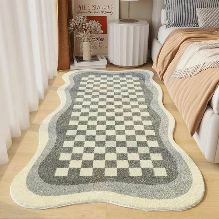 Lisslune | Faux Cashmere Checkered Cozy Nightstand Rug Irregular Shape Rug