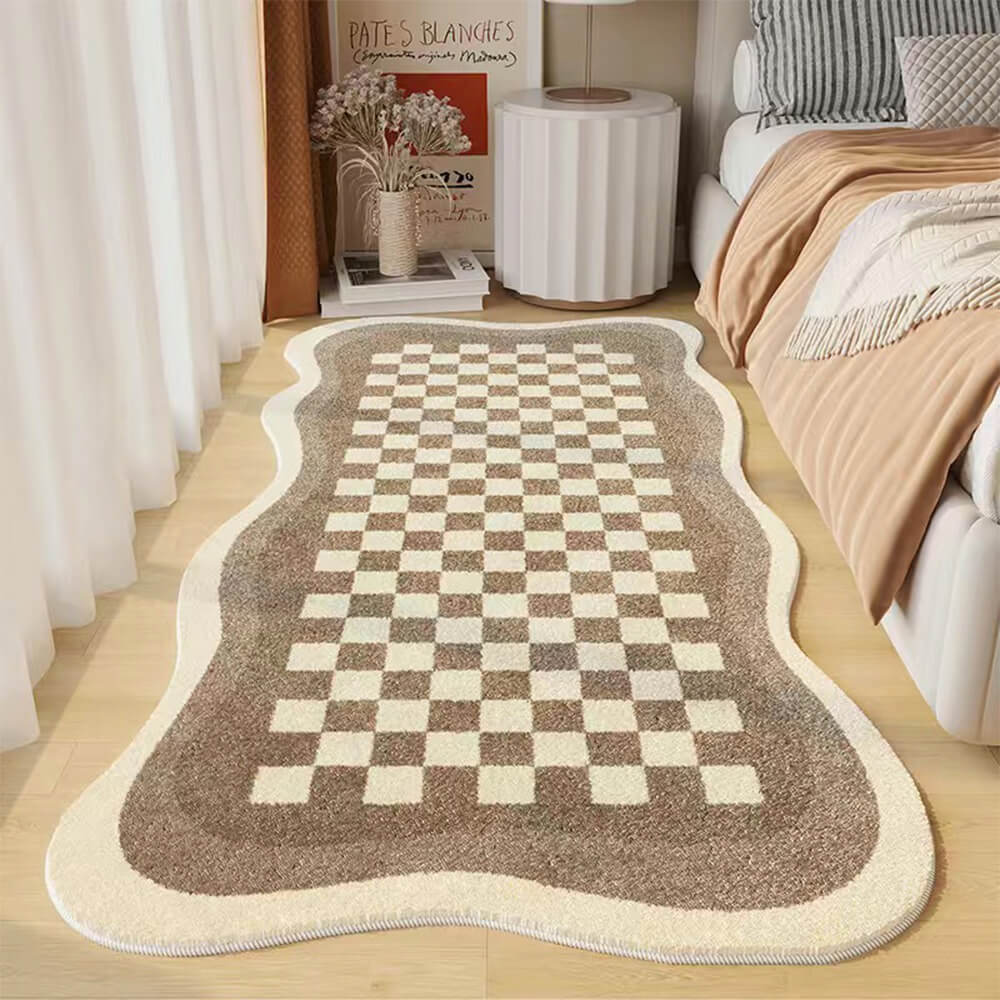 Lisslune | Faux Cashmere Checkered Cozy Nightstand Rug Irregular Shape Rug