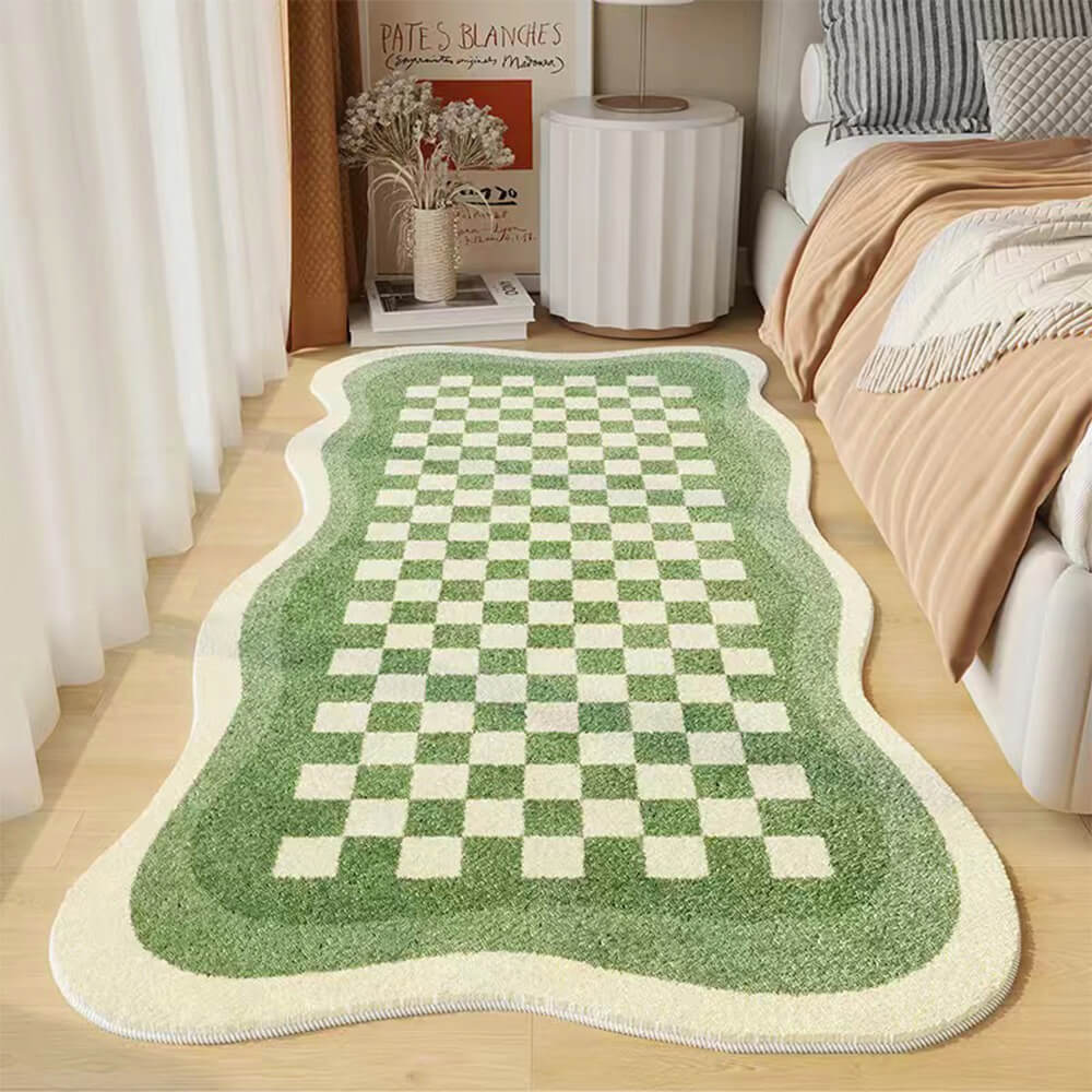 Lisslune | Faux Cashmere Checkered Cozy Nightstand Rug Irregular Shape Rug