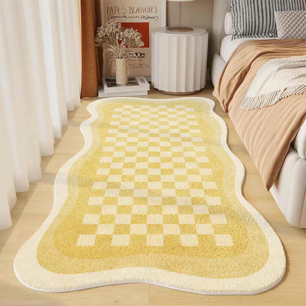 Lisslune | Faux Cashmere Checkered Cozy Nightstand Rug Irregular Shape Rug