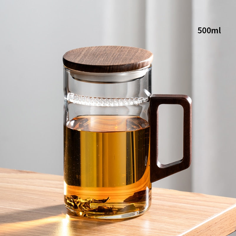 Lisslune | GIANXI Tea cup with moon filter Japanese wooden handle heat-resistant glass cups tea leaf separation tea cup set