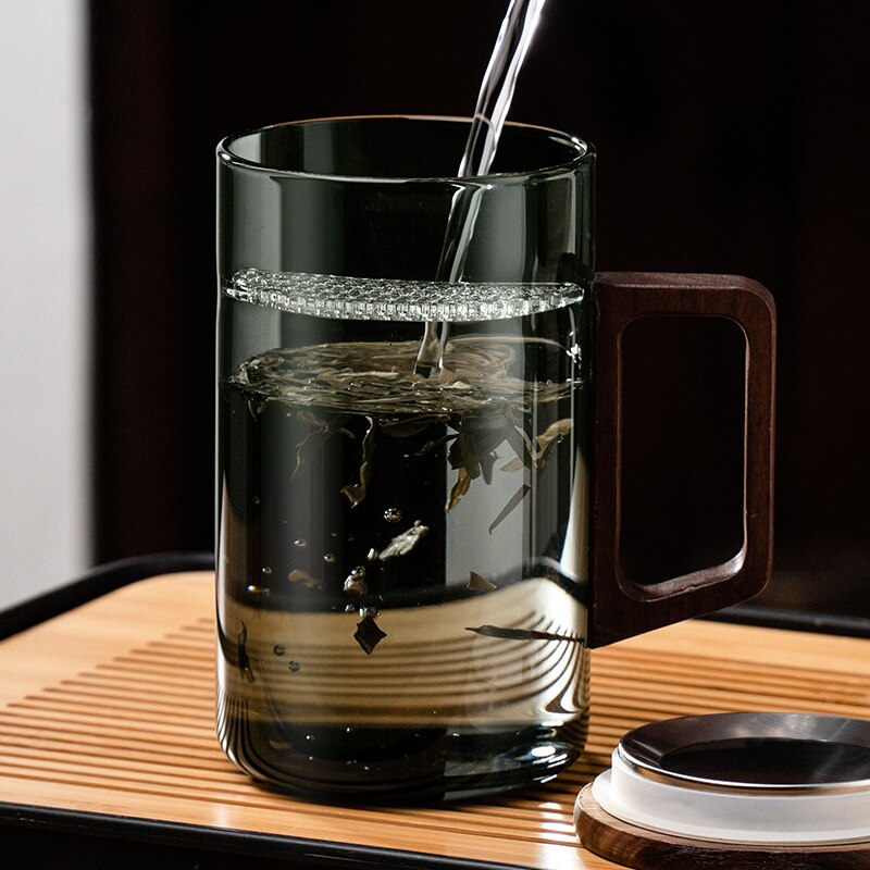 Lisslune | GIANXI Tea cup with moon filter Japanese wooden handle heat-resistant glass cups tea leaf separation tea cup set