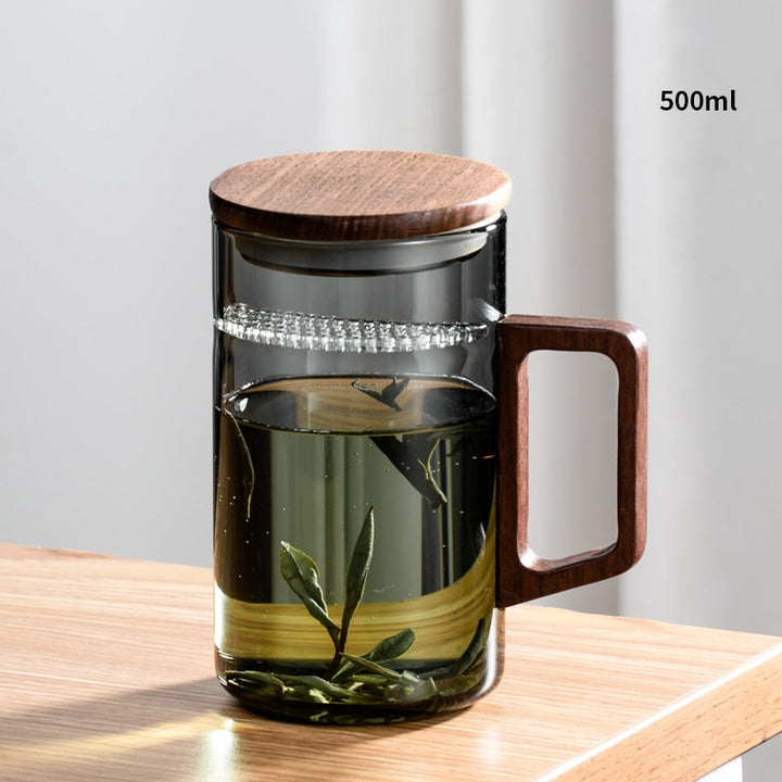 Lisslune | GIANXI Tea cup with moon filter Japanese wooden handle heat-resistant glass cups tea leaf separation tea cup set