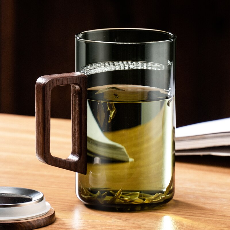 Lisslune | GIANXI Tea cup with moon filter Japanese wooden handle heat-resistant glass cups tea leaf separation tea cup set