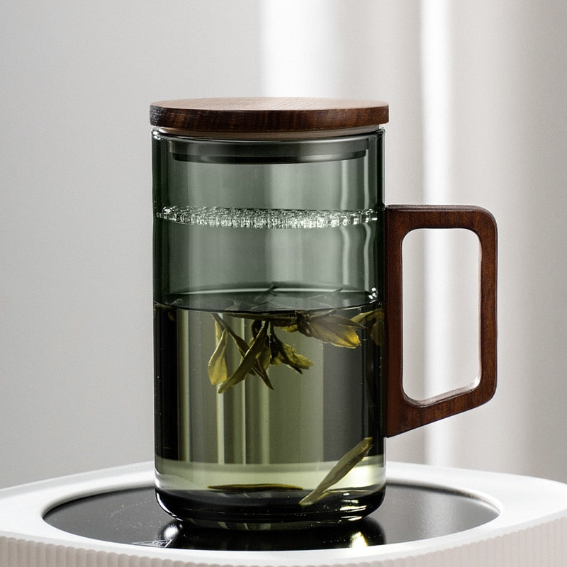 Lisslune | GIANXI Tea cup with moon filter Japanese wooden handle heat-resistant glass cups tea leaf separation tea cup set