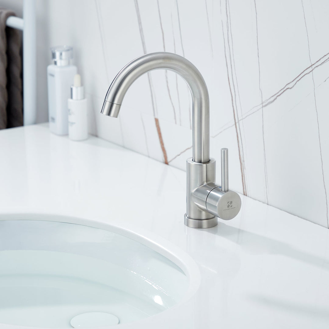 Lisslune | Stainless Steel Low Pressure Basin Mixer Brushed Single Lever Faucet Bathroom