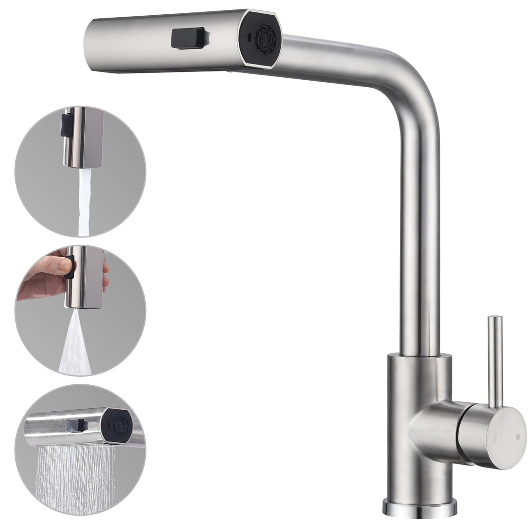 Lisslune | Kitchen Faucet, Pull-Out Kitchen Tap with 3 Spray Modes, Sink Faucet with Spray, Kitchen Faucet 360° Swiveling, Stainless Steel Brushed Kitchen Mixer