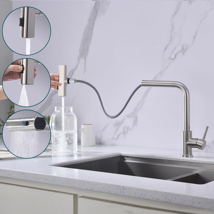 Lisslune | Kitchen Faucet, Pull-Out Kitchen Tap with 3 Spray Modes, Sink Faucet with Spray, Kitchen Faucet 360° Swiveling, Stainless Steel Brushed Kitchen Mixer