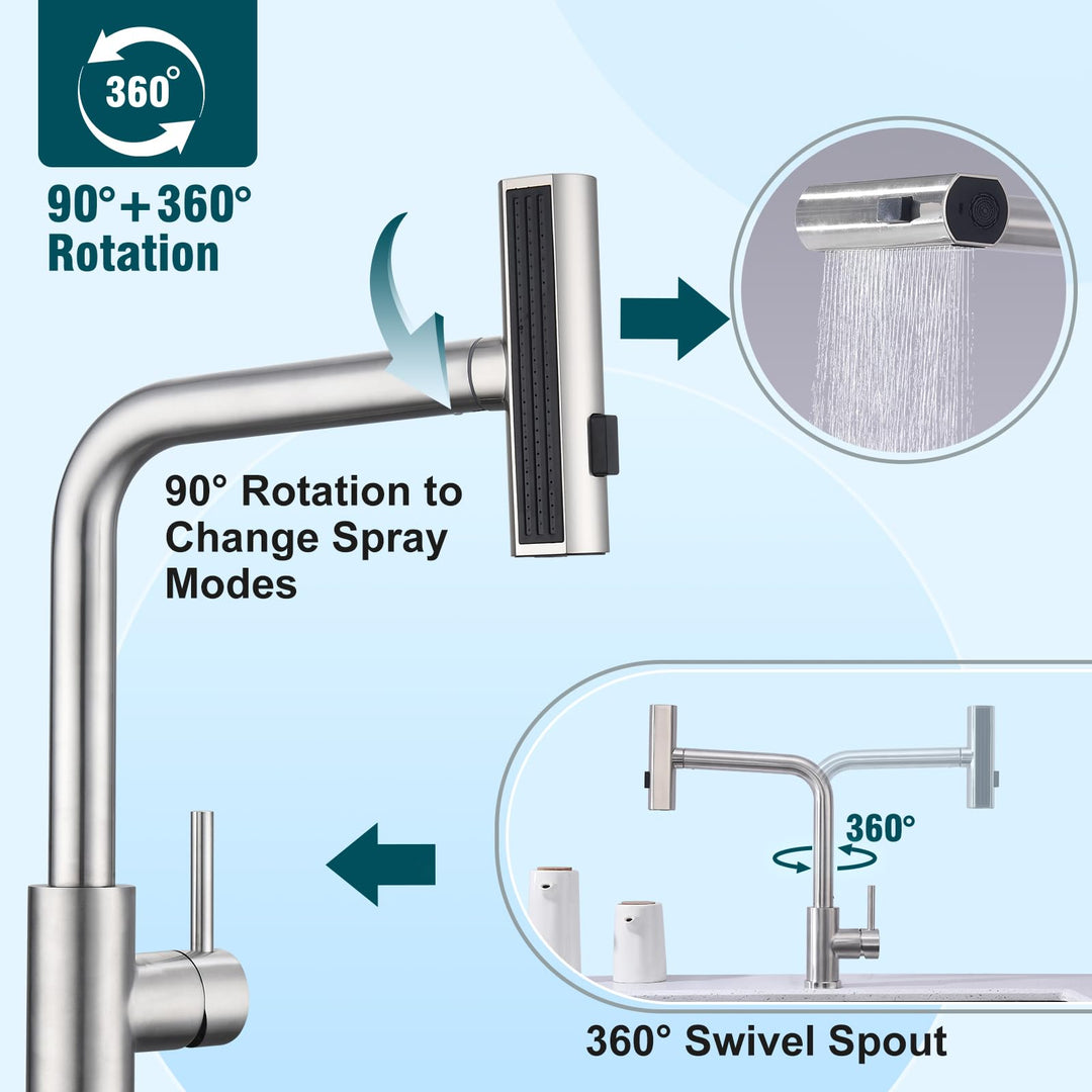 Lisslune | Kitchen Faucet, Pull-Out Kitchen Tap with 3 Spray Modes, Sink Faucet with Spray, Kitchen Faucet 360° Swiveling, Stainless Steel Brushed Kitchen Mixer