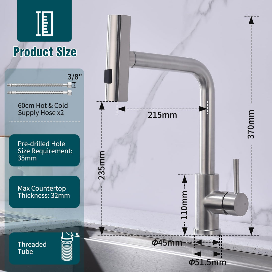 Lisslune | Kitchen Faucet, Pull-Out Kitchen Tap with 3 Spray Modes, Sink Faucet with Spray, Kitchen Faucet 360° Swiveling, Stainless Steel Brushed Kitchen Mixer