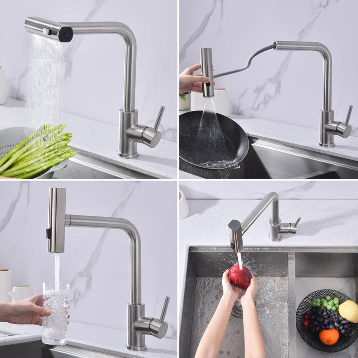 Lisslune | Kitchen Faucet, Pull-Out Kitchen Tap with 3 Spray Modes, Sink Faucet with Spray, Kitchen Faucet 360° Swiveling, Stainless Steel Brushed Kitchen Mixer