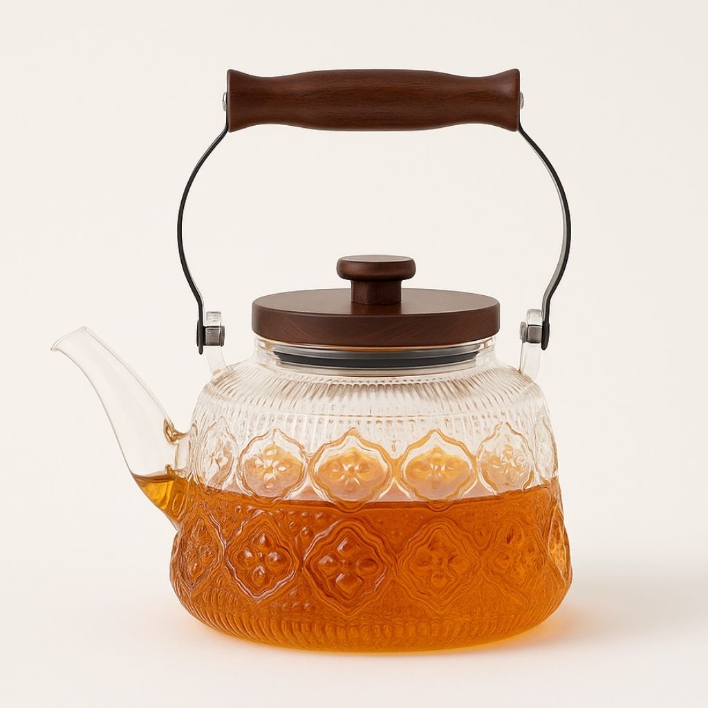 Lisslune | Zoie Glass Teapot with Infuser – Heat-Resistant 1000ml Borosilicate Kettle with Wooden Handle