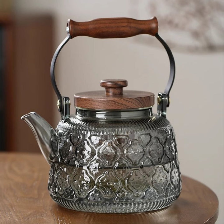 Lisslune | Zoie Glass Teapot with Infuser – Heat-Resistant 1000ml Borosilicate Kettle with Wooden Handle