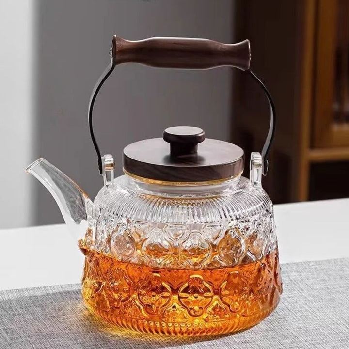 Lisslune | Zoie Glass Teapot with Infuser – Heat-Resistant 1000ml Borosilicate Kettle with Wooden Handle