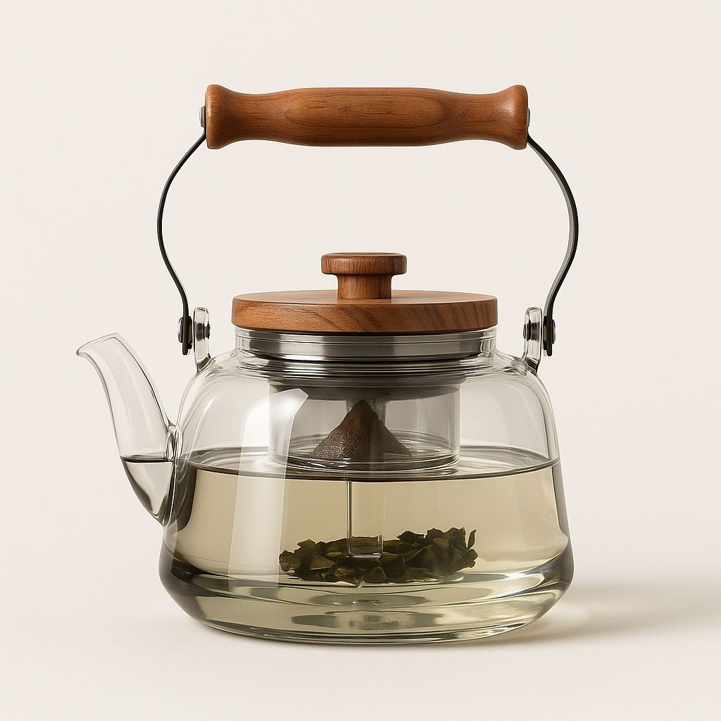 Lisslune | Zoie Glass Teapot with Infuser – Heat-Resistant 1000ml Borosilicate Kettle with Wooden Handle