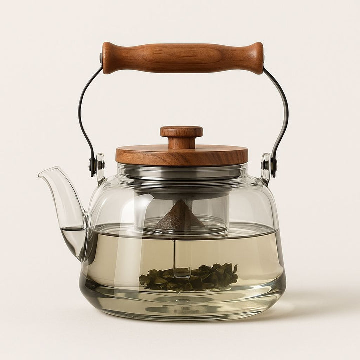Lisslune | Zoie Glass Teapot with Infuser – Heat-Resistant 1000ml Borosilicate Kettle with Wooden Handle