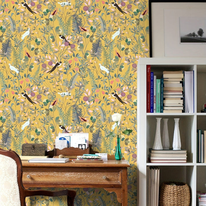 Lisslune | Golden Canopy Bird and Leaf Peelable Wallpaper