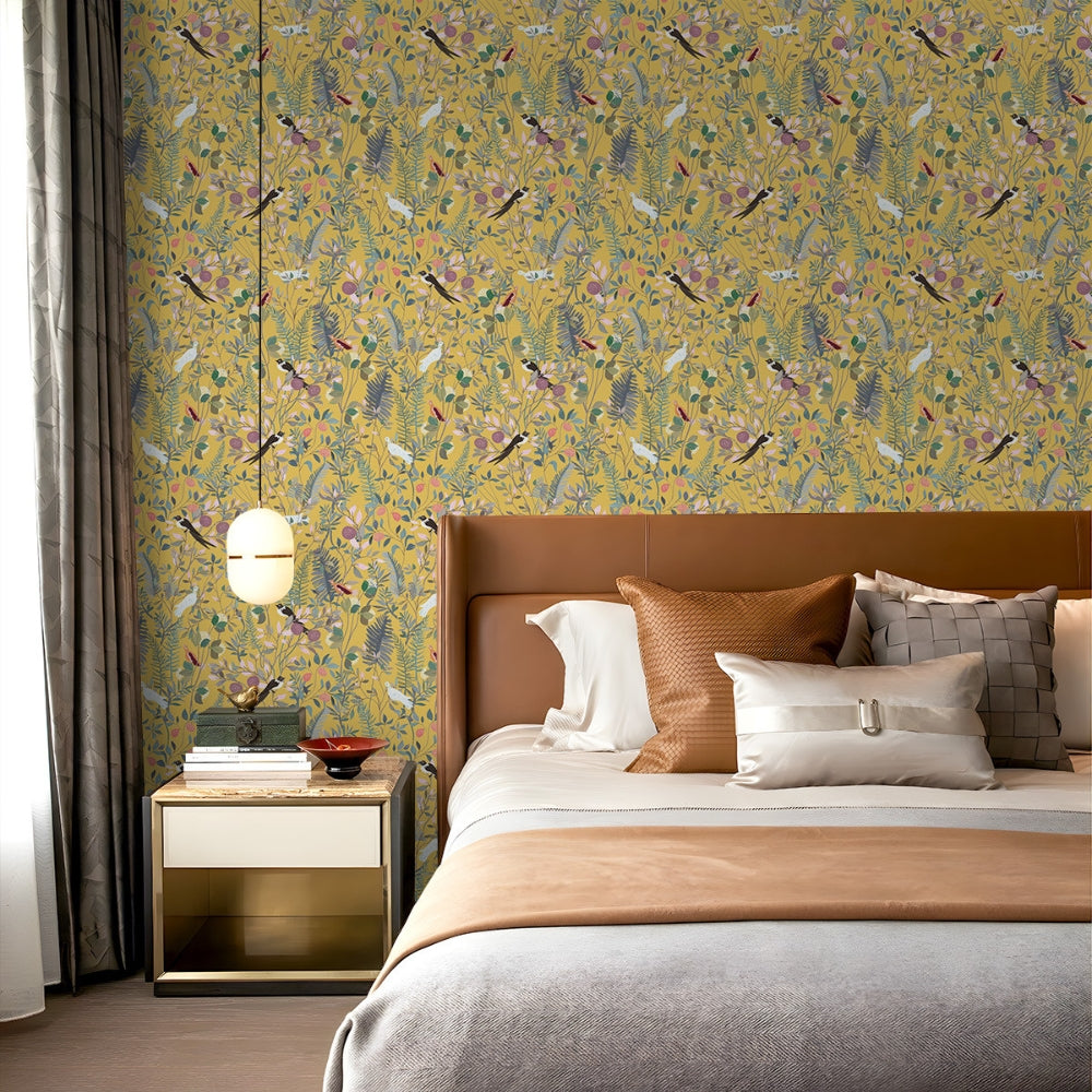 Lisslune | Golden Canopy Bird and Leaf Peelable Wallpaper