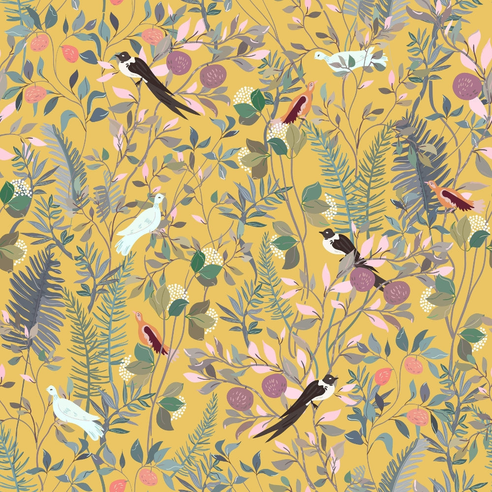 Lisslune | Golden Canopy Bird and Leaf Peelable Wallpaper