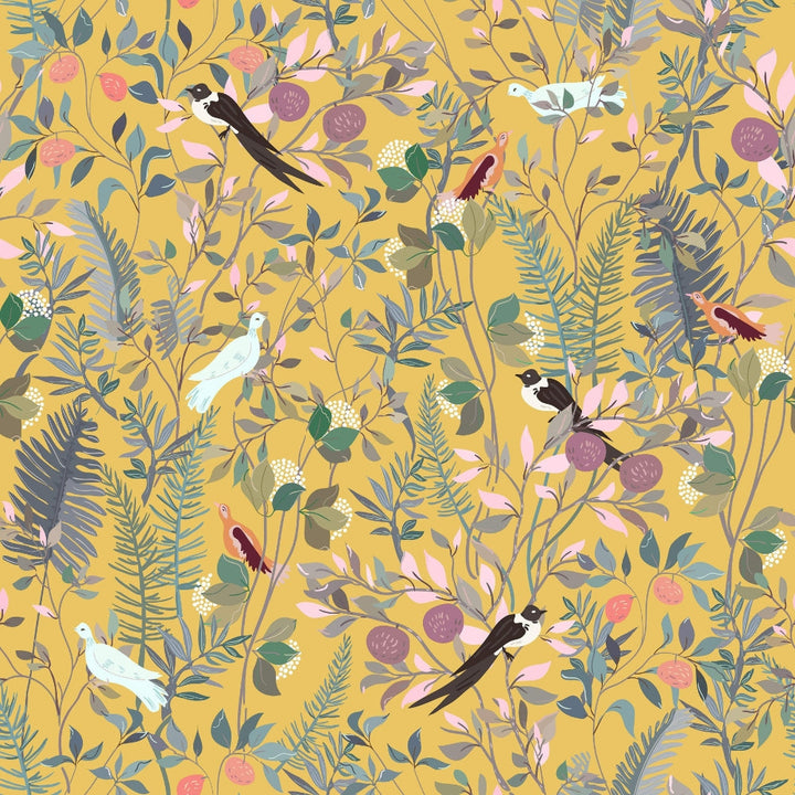 Lisslune | Golden Canopy Bird and Leaf Peelable Wallpaper