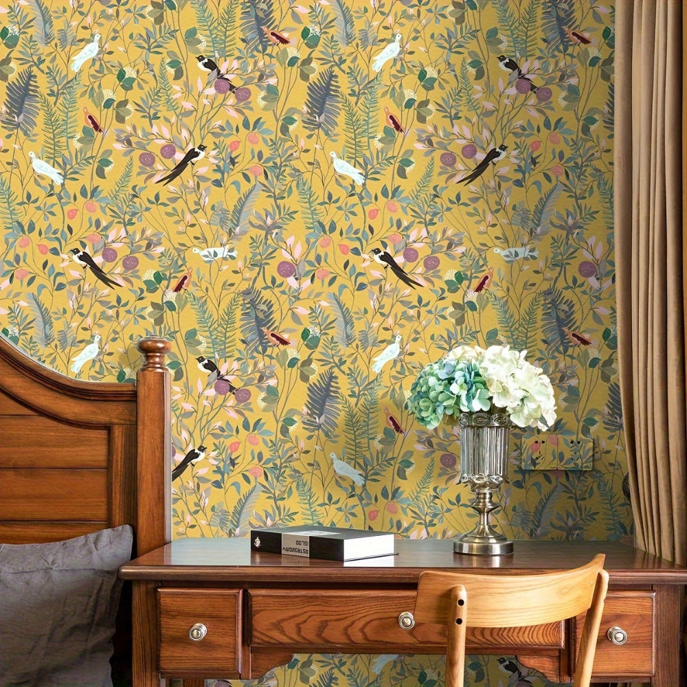 Lisslune | Golden Canopy Bird and Leaf Peelable Wallpaper