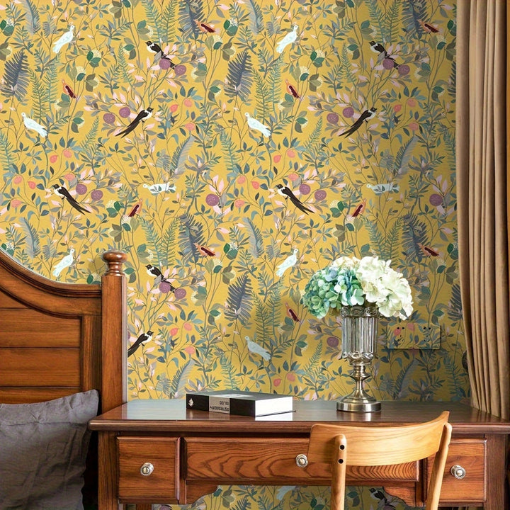 Lisslune | Golden Canopy Bird and Leaf Peelable Wallpaper