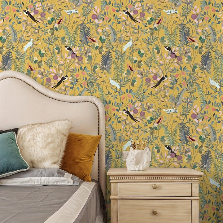 Lisslune | Golden Canopy Bird and Leaf Peelable Wallpaper