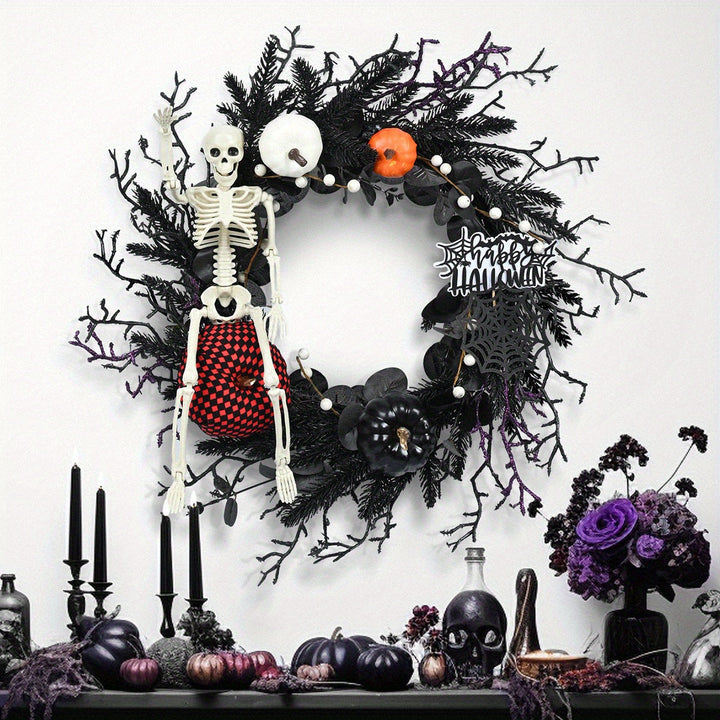 Lisslune | Gothic Skeleton Pumpkin Halloween Wreath for Door – Spooky Decor with Synthetic Pumpkins and Eerie Accents
