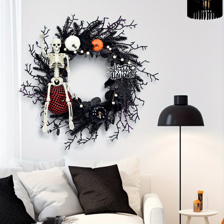 Lisslune | Gothic Skeleton Pumpkin Halloween Wreath for Door – Spooky Decor with Synthetic Pumpkins and Eerie Accents