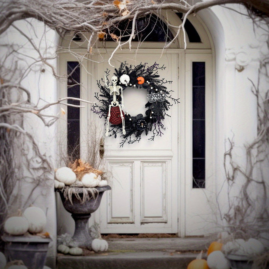 Lisslune | Gothic Skeleton Pumpkin Halloween Wreath for Door – Spooky Decor with Synthetic Pumpkins and Eerie Accents