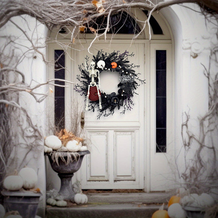 Lisslune | Gothic Skeleton Pumpkin Halloween Wreath for Door – Spooky Decor with Synthetic Pumpkins and Eerie Accents
