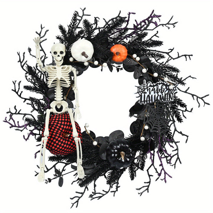 Lisslune | Gothic Skeleton Pumpkin Halloween Wreath for Door – Spooky Decor with Synthetic Pumpkins and Eerie Accents