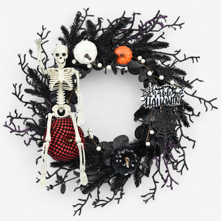 Lisslune | Halloween Door Wreath with Skeleton and Pumpkin – Atmospheric Seasonal Decoration