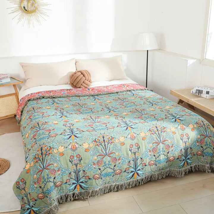 Lisslune | Greenery Floral Cotton Tassel Blanket