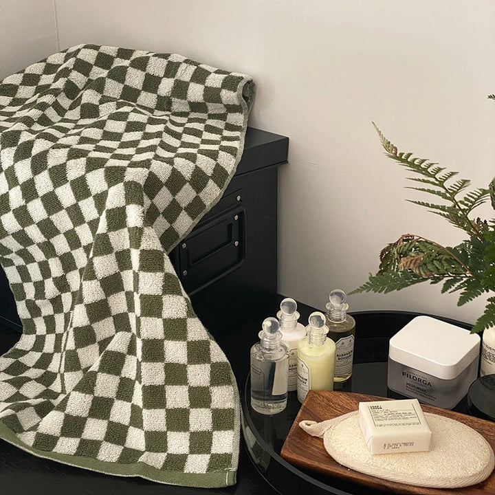Rynx | Retro Checkerboard Plaid Long Staple Cotton Towel Soft Skin-Friendly Face Cloths Absorbent Bath Towel for Home & Hotel Supplies