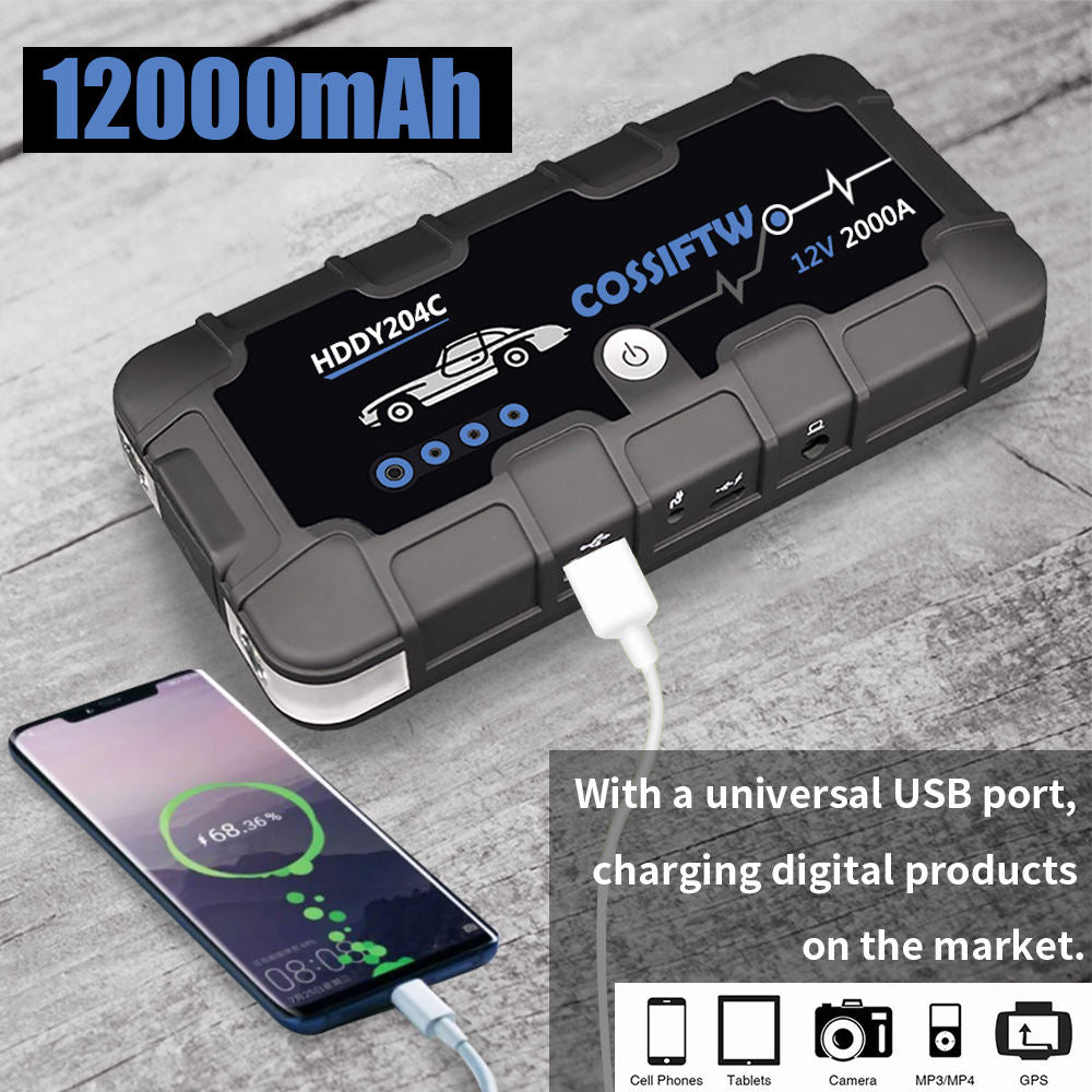 Lisslune | 2000A UltraSafe 12V Car Jump Starter – Portable Battery Booster Pack with USB Charger & LED Flashlight – Up to 6.0L Petrol / 3.0L Diesel Engines