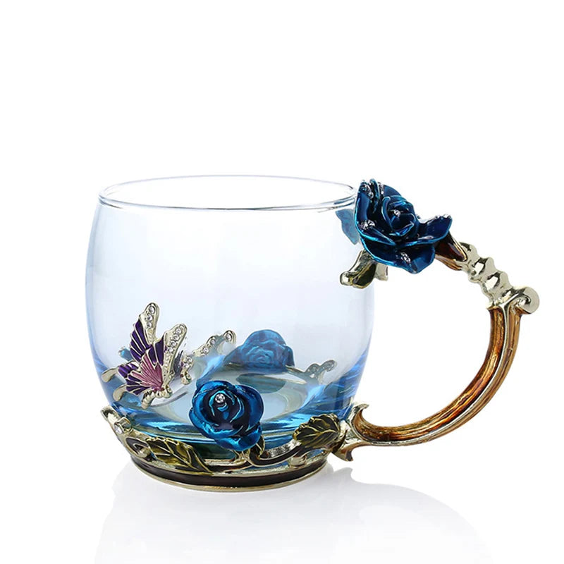Lisslune | Handcrafted Enamel Coffee Mugs Rose-Glass Tea Cup with Steel Spoon Luxury Unique Gifts for Wedding Valentine's Day Birthday Gifts