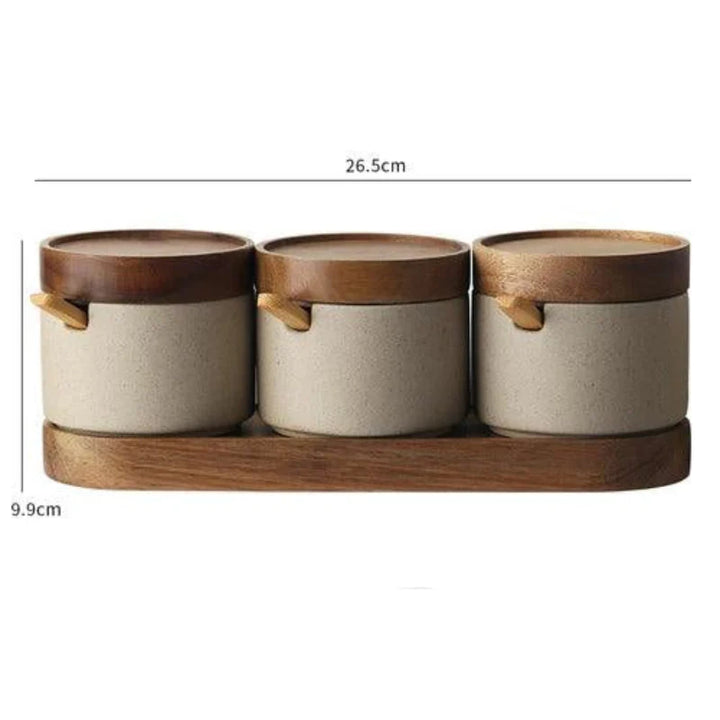 Lisslune | Vintage Japanese Ceramic Spice Storage Set with Acacia Wood Tray