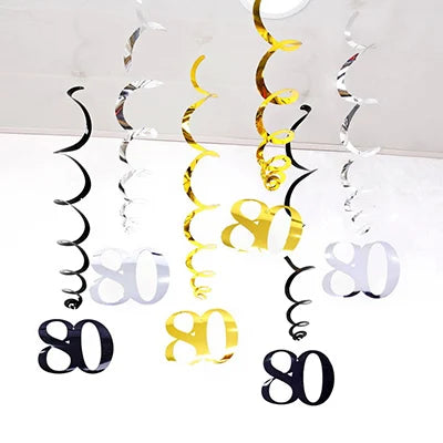 Rynx | 6 Pieces/Pack Spiral 18 21 25 30 40 50 60 70 80 90 Years Birthday Swirl Hanging Ornaments Black Gold Silver Birthday Deco