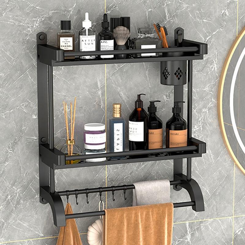 Lisslune | Modern black bathroom storage caddy made of stainless steel with towel holder and superior drainage system