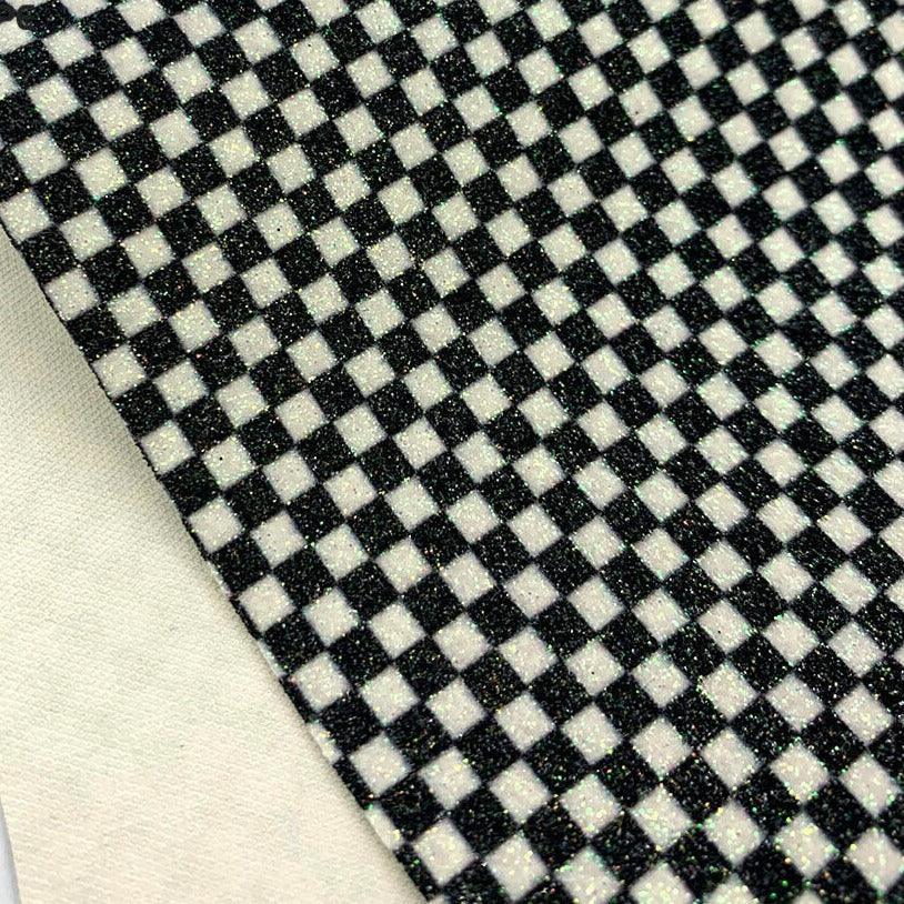 Lisslune | Glossy black-white checked synthetic leather craft fabric
