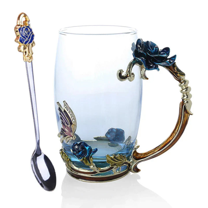 Lisslune | Handcrafted Enamel Coffee Mugs Rose-Glass Tea Cup with Steel Spoon Luxury Unique Gifts for Wedding Valentine's Day Birthday Gifts