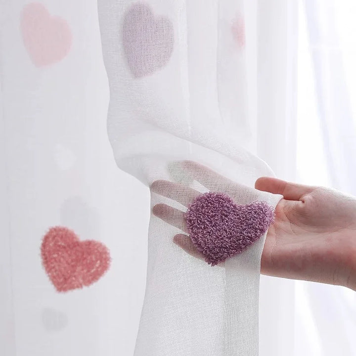 Rynx | Lovely Cartoon 3D Pink Heart Embroidery Tulle For Girls Bedroom Sweet Loving Transparent Curtains For Kids Living Room Custom Made Curtains