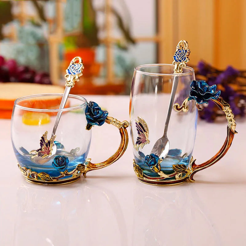 Lisslune | Handcrafted Enamel Coffee Mugs Rose-Glass Tea Cup with Steel Spoon Luxury Unique Gifts for Wedding Valentine's Day Birthday Gifts