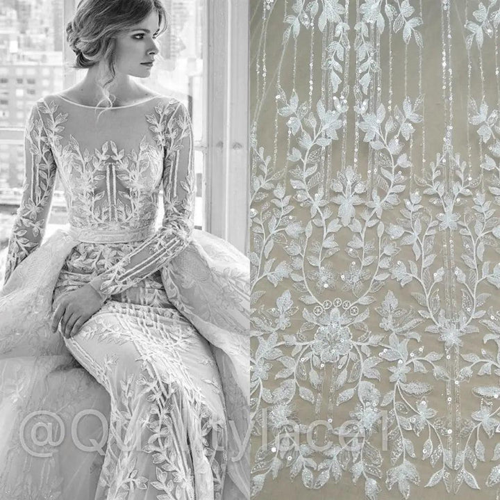 Lisslune | Luxurious Ivory Pearl Lace and Tulle Fabric for Bridal Wear - 130cm Width