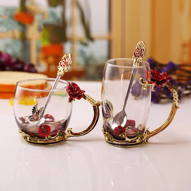 Lisslune | Handcrafted Enamel Coffee Mugs Rose-Glass Tea Cup with Steel Spoon Luxury Unique Gifts for Wedding Valentine's Day Birthday Gifts