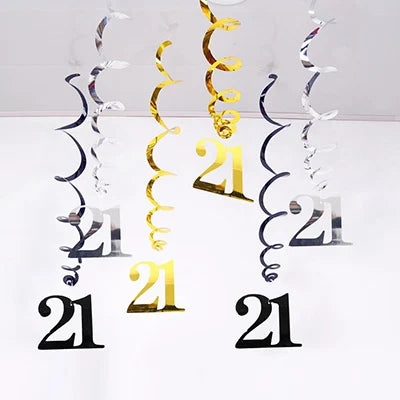 Rynx | 6 Pieces/Pack Spiral 18 21 25 30 40 50 60 70 80 90 Years Birthday Swirl Hanging Ornaments Black Gold Silver Birthday Deco